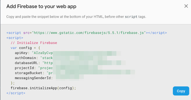 Affichage de la clé API et de l'URL de la base de données dans la console Firebase